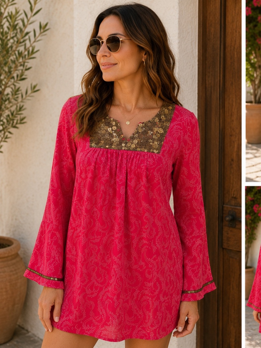 Boho western Twiggy London Fuchsia Embellished V-Neck Tunic top mini dress sz L